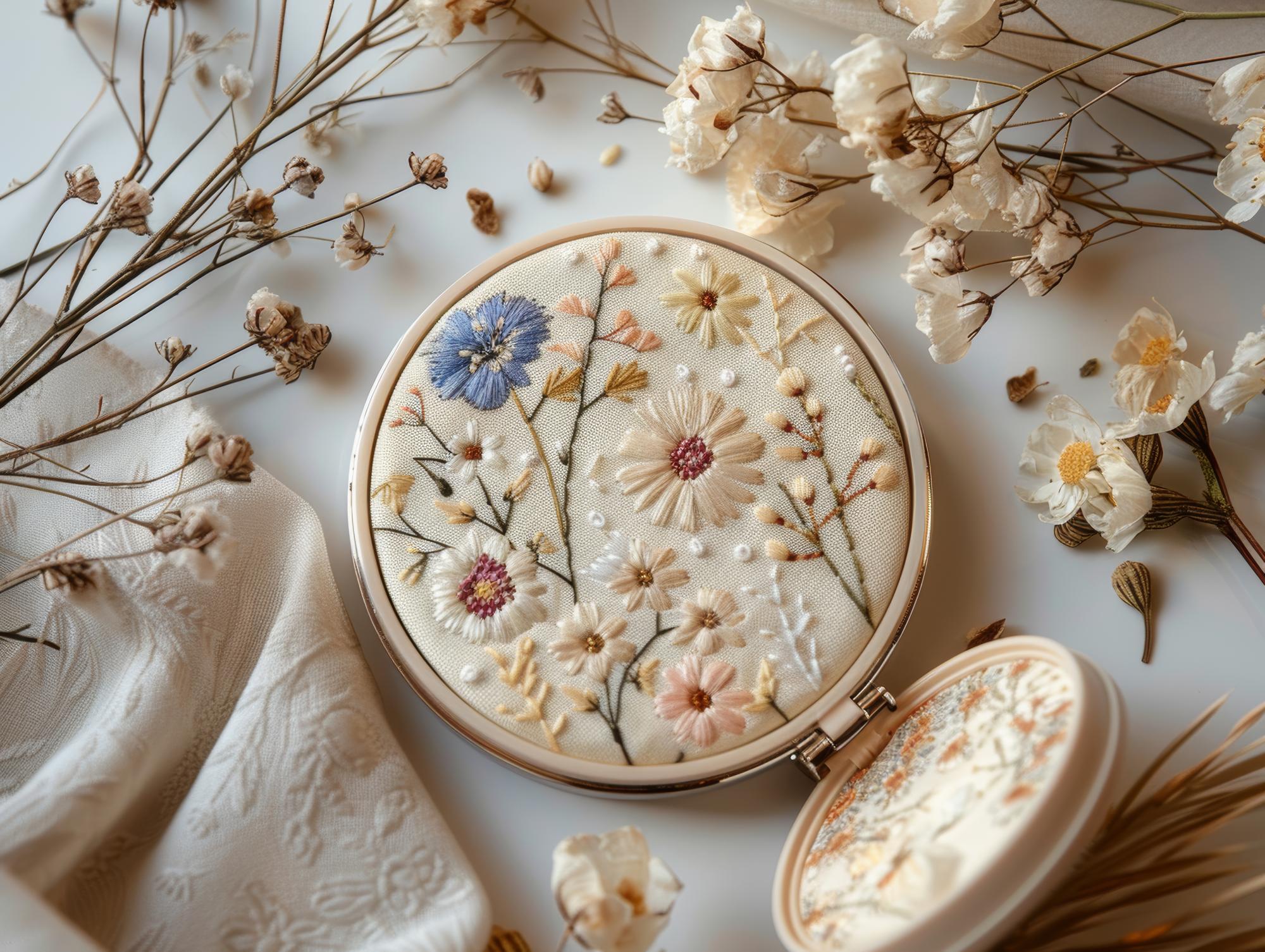 Close-up pastel embroidery hoop with floral design